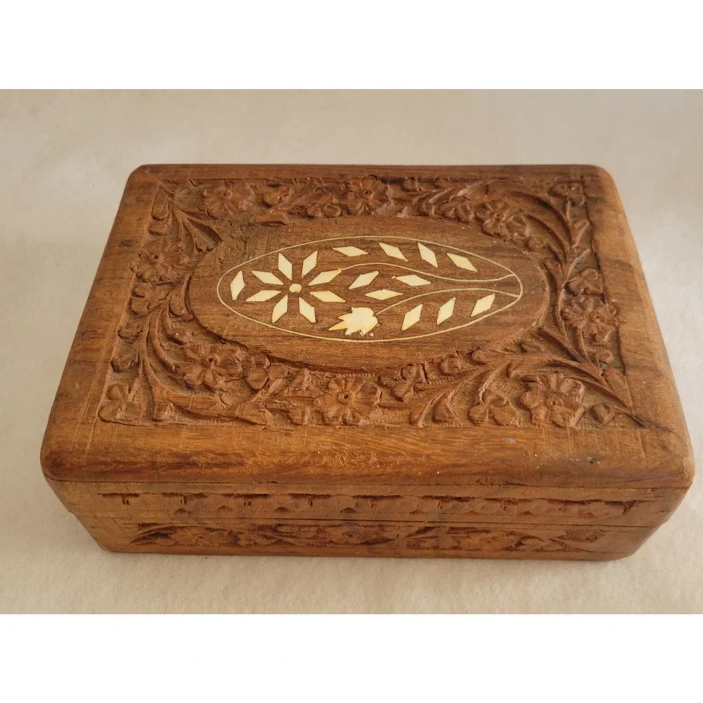 Vintage Hand Carved Wooden Jewelry Trinket Box Floral Inlay Keepsake Decor